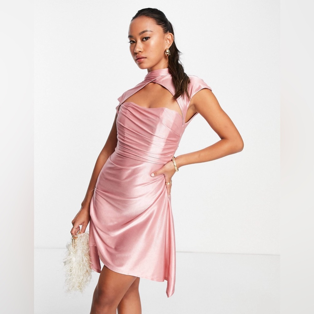 [asos design] mandarin collar flared satin mini dress rose